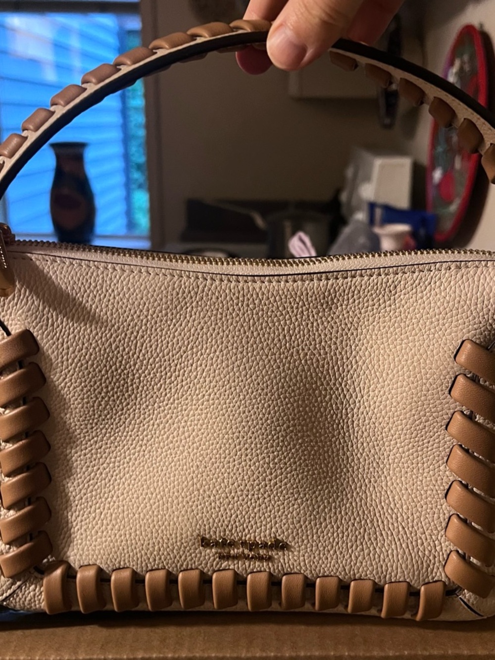 Women’s Beige Leather Top-Handle Bag with Tan Trim
